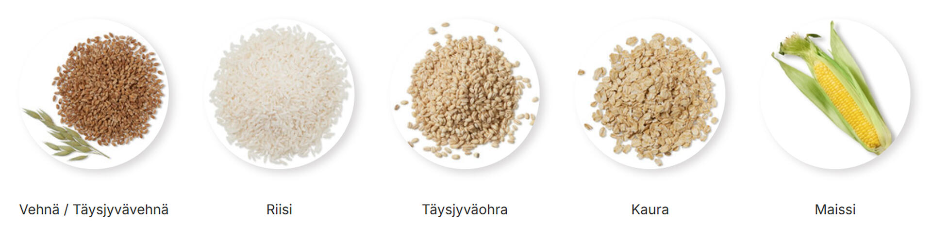 Vehnä / Täysjyvävehnä, Riisi, Täysjyväohra, Kaura, Maissi