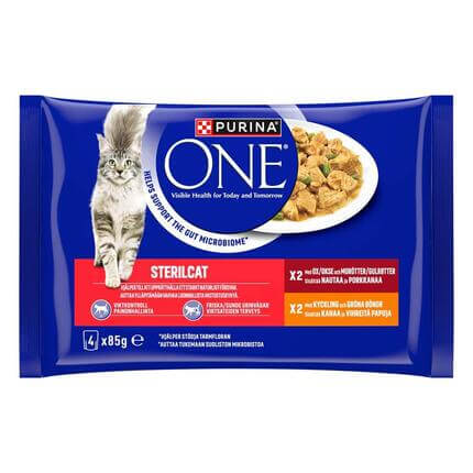 PURINA® ONE® STERILCAT , sisältää Nautaa ja Porkkanaa, ja Mini Filets kastikkeessa sisältää Kanaa ja Vihreitä