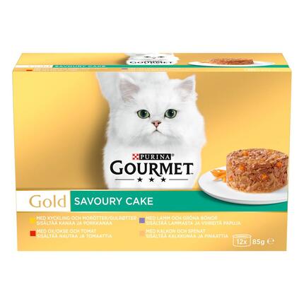 GOURMET GOLD Savoury Cake sisältää nautaa & tomaattia, kanaa & porkkanaa, kalkkunaa & pinaattia, lammasta & vihreitä papuja