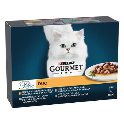 GOURMET GOLD PERLE DUO sis. kaniinia & riistaa, vasikkaa & ankkaa, kalkkunaa & lammasta, kanaa & nautaa