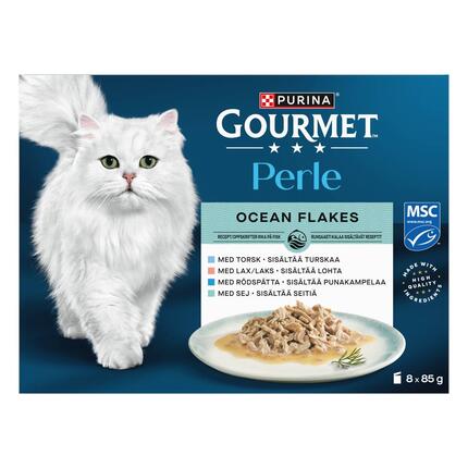 GOURMET® Perle Ocean Flakes Kastikkeessa, aikuisen kissan märkäruoka Lohta, Turskaa, Seitiä, Punakampelaa
