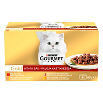 GOURMET™ Gold Paloja kastikkeessa sisältää Nautaa, Kalkkunaa & Ankka, Lohta & Kanaa ja Kanaa & Maksaa