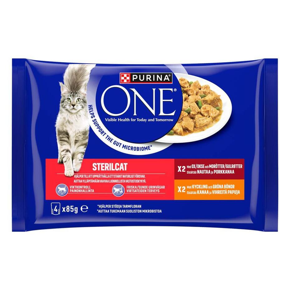 PURINA® ONE® STERILCAT , sisältää Nautaa ja Porkkanaa, ja Mini Filets kastikkeessa sisältää Kanaa ja Vihreitä