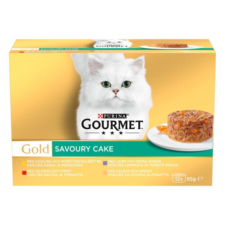 GOURMET GOLD Savoury Cake sisältää nautaa & tomaattia, kanaa & porkkanaa, kalkkunaa & pinaattia, lammasta & vihreitä papuja