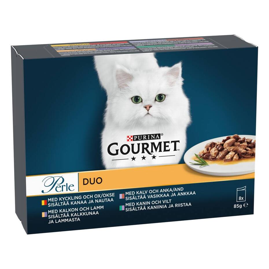 GOURMET GOLD PERLE DUO sis. kaniinia & riistaa, vasikkaa & ankkaa, kalkkunaa & lammasta, kanaa & nautaa