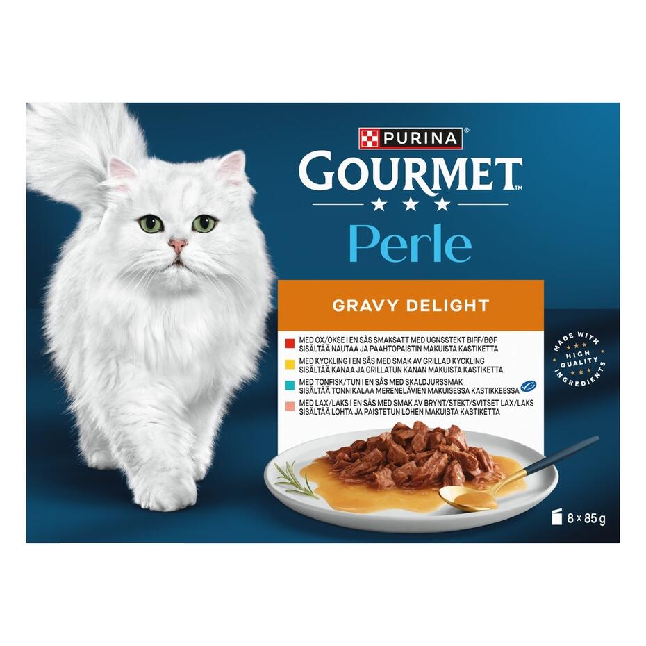 GOURMET™ Perle Gravy Delight sisältää Kanaa, Nautaa, Lohta & Tonnikalaa