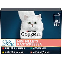 GOURMET® Perle Minifileitä kastikkeessa sisältää Nautaa, Kanaa, Kaniinia & Lohta