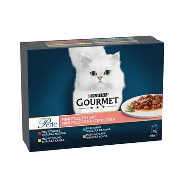 GOURMET® Perle Minifileitä kastikkeessa sisältää Nautaa, Kanaa, Kaniinia & Lohta
