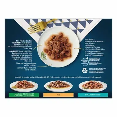 GOURMET® Perle Minifileitä kastikkeessa sisältää Nautaa, Kanaa, Kaniinia & Lohta
