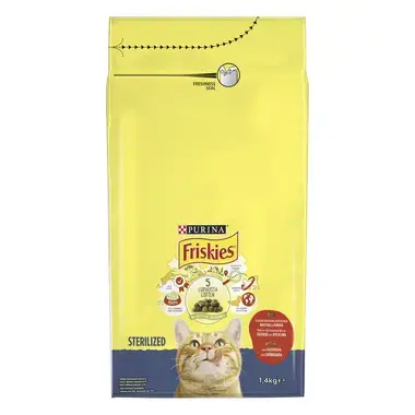 Friskies® Sterilized sisältää maukkaan yhdistelmän Nautaa ja Kanaa