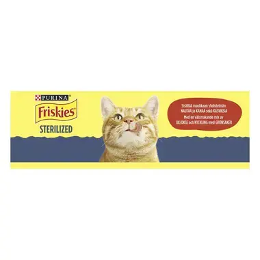 Friskies® Sterilized sisältää maukkaan yhdistelmän Nautaa ja Kanaa