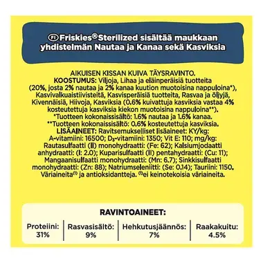 Friskies® Sterilized sisältää maukkaan yhdistelmän Nautaa ja Kanaa
