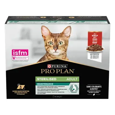 PURINA® PRO PLAN® Adult STERILISED MAINTENANCE sisältää nautaa kastikkeessa
