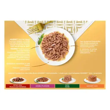 PURINA GOURMET™ GOLD Succulent Delights sisältää kanaa, lohta, nautaa, merikalaa, 12x85g purkkia