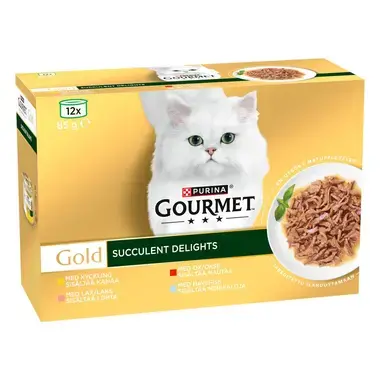 PURINA GOURMET™ GOLD Succulent Delights sisältää kanaa, lohta, nautaa, merikalaa, 12x85g purkkia