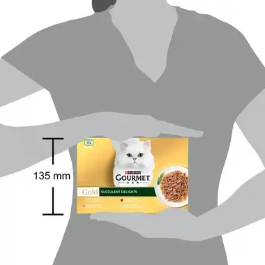 PURINA GOURMET™ GOLD Succulent Delights sisältää kanaa, lohta, nautaa, merikalaa, 12x85g purkkia