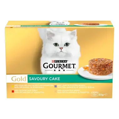 GOURMET GOLD Savoury Cake sisältää nautaa & tomaattia, kanaa & porkkanaa, kalkkunaa & pinaattia, lammasta & vihreitä papuja