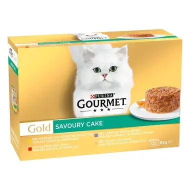 GOURMET GOLD Savoury Cake sisältää nautaa & tomaattia, kanaa & porkkanaa, kalkkunaa & pinaattia, lammasta & vihreitä papuja