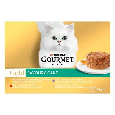 GOURMET GOLD Savoury Cake sisältää nautaa & tomaattia, kanaa & porkkanaa, kalkkunaa & pinaattia, lammasta & vihreitä papuja