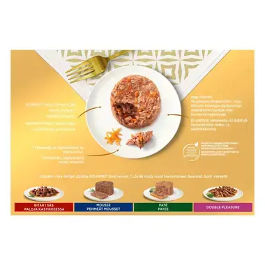 GOURMET GOLD Savoury Cake sisältää nautaa & tomaattia, kanaa & porkkanaa, kalkkunaa & pinaattia, lammasta & vihreitä papuja
