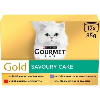 GOURMET GOLD Savoury Cake sisältää nautaa & tomaattia, kanaa & porkkanaa, kalkkunaa & pinaattia, lammasta & vihreitä papuja