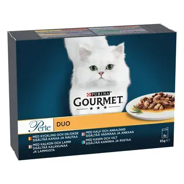 GOURMET GOLD PERLE DUO sis. kaniinia & riistaa, vasikkaa & ankkaa, kalkkunaa & lammasta, kanaa & nautaa