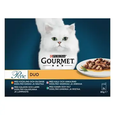 GOURMET GOLD PERLE DUO sis. kaniinia & riistaa, vasikkaa & ankkaa, kalkkunaa & lammasta, kanaa & nautaa