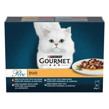 GOURMET GOLD PERLE DUO sis. kaniinia & riistaa, vasikkaa & ankkaa, kalkkunaa & lammasta, kanaa & nautaa