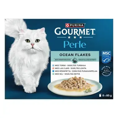 GOURMET® Perle Ocean Flakes Kastikkeessa, aikuisen kissan märkäruoka Lohta, Turskaa, Seitiä, Punakampelaa