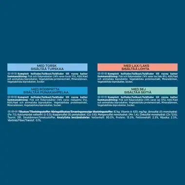 GOURMET® Perle Ocean Flakes Kastikkeessa, aikuisen kissan märkäruoka Lohta, Turskaa, Seitiä, Punakampelaa