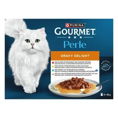 GOURMET® Perle Gravy Delight sisältää Kanaa, Nautaa, Lohta & Tonnikalaa