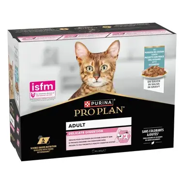 PRO PLAN® Delicate Digestion, sisältää kalaa kastikkeessa