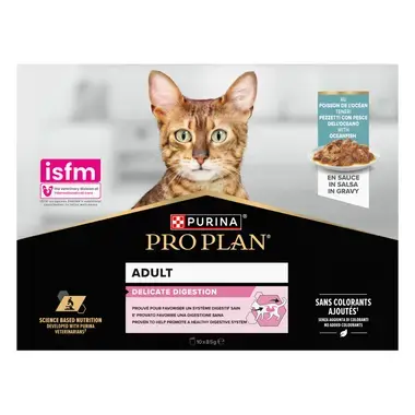 PRO PLAN® Delicate Digestion, sisältää kalaa kastikkeessa