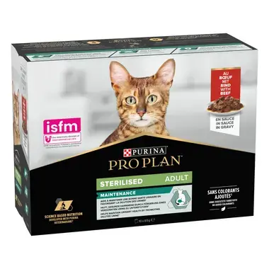 PRO PLAN® Sterilised Maintenance sisältää nautaa kastikkeessa