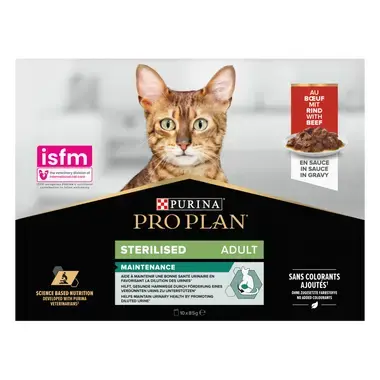 PRO PLAN® Sterilised Maintenance sisältää nautaa kastikkeessa