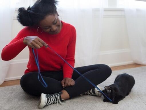 woman playing with black cat