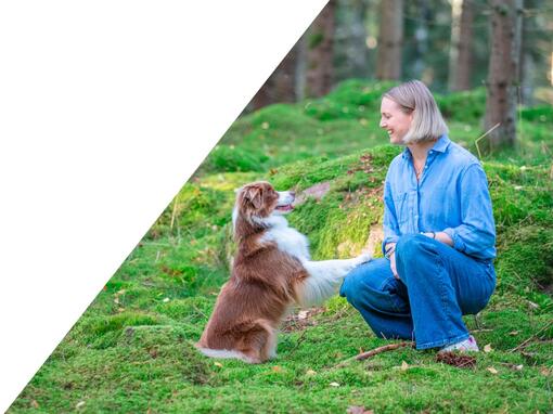 nainen istuu koiran kanssa vihreällä nurmikolla